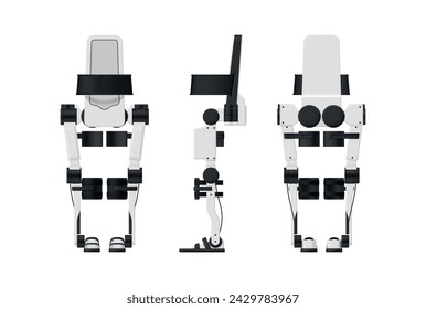 Medical rehabilitation exosuit help for disabled physical injury front side back view realistic vector illustration. Exoskeleton future innovation orthopedic mobility robotic bionic technology device