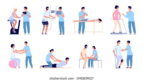 Medical rehabilitation. Flat rehab people collection, clinic of physiotherapy exercise. Disability patient, orthopedic disorders utter vector set