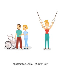 Medical rehabilitation, nurse helping male patient to stand from wheelchair and walk, woman saying farewell to crutches, cartoon vector illustration on white background. Medical rehabilitation concept