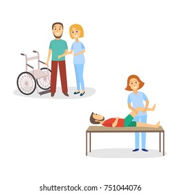 Medical rehabilitation, nurse helping patient stand from wheelchair and walk, physical therapy, cartoon vector illustration on white background. Medical rehabilitation, physical therapy after trauma