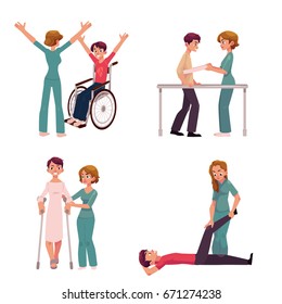 Medical rehabilitation, physical therapy activities, physiotherapist working with patients, cartoon vector illustration on white background. Medical rehabilitation, physical therapy, nurse, patients