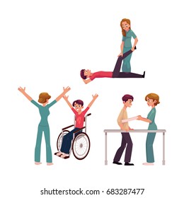 Medical rehabilitation, physical therapy activities, physiotherapist working with patients, cartoon vector illustration on white background. Medical rehabilitation, physical therapy, nurse, patients
