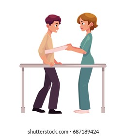 Medical Rehabilitation, Physical Therapy, Parallel Bars, Therapist Working With Patient, Cartoon Vector Illustration On White Background. Medical Rehabilitation, Physical Therapy, Parallel Bars