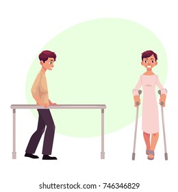 Medical Rehabilitation, Physical Therapy, Parallel Bars, Cartoon Vector Illustration With Space For Text. Medical Rehabilitation, Physical Therapy, Parallel Bars