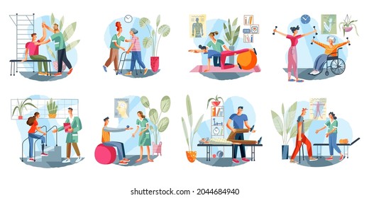 Medical rehabilitation and physical therapy set. People in recovery doing exercises and physiotherapy vector illustration. Old and young men and women in rehab healthcare centre.