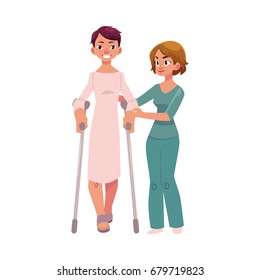 Medical rehabilitation, physiotherapist helping patient walking with crunches, cartoon vector illustration on white background. Medical rehabilitation, physical therapy, using crunches