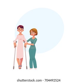 Medical rehabilitation, physiotherapist helping patient walking with crunches, cartoon vector illustration with space for text. Medical rehabilitation, physical therapy, using crunches