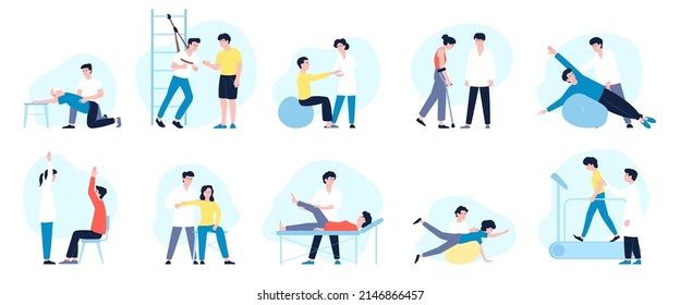 Medical rehabilitation. Rehab persons doing exercise, therapy and treatment services for elderly. Physiotherapy with nurse, recovery recent vector characters