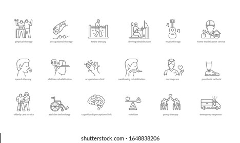 medical and rehabilitation service icon set black line design set