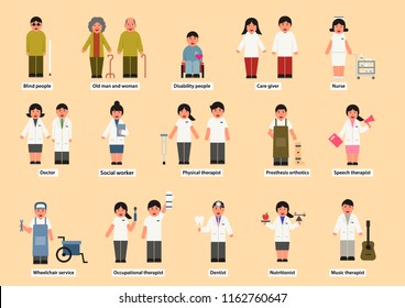 medical and rehabilitation service team, disability people and elderly flat character design set