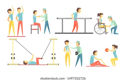 Medical Rehabilitation Set, Physiotherapist Doctor and Patients During Rehabilitation Procedures Vector Illustration