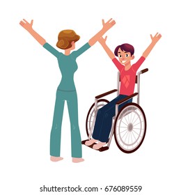 Medical rehabilitation, therapist doing remedial gymnastics with young man in wheelchair, cartoon vector illustration on white background. Medical rehabilitation, physical therapy, remedial gymnastics