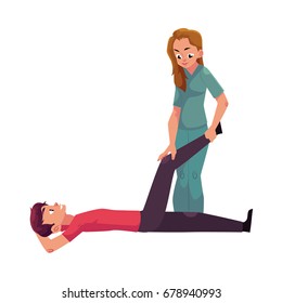 Medical rehabilitation, treatment by exercise, movement therapy for disabled patient, cartoon vector illustration on white background. Medical rehabilitation, physical therapy, remedial gymnastics