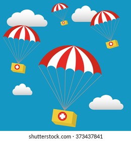 Medical Relief Supplies Air Drop With Parachutes Vector Illustration