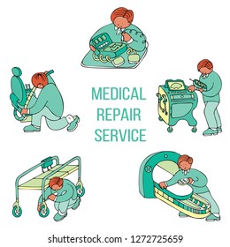 Medical repair service with various types of repair. Fine for medical services promo brochures, sites offering medical equipment repair, calibration, installation and maintenance.
