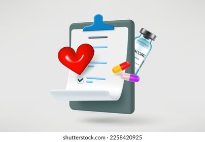 Medical report with anamnesys, heart, pills. Health care concept. 3d vector illustration