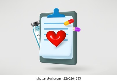 Medical report with anamnesys, heart, pills. Health care concept. 3d vector illustration