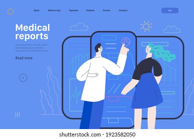 Medical report application -medical insurance web page template -modern flat vector concept digital illustration -patient and a doctor using medical application with reports and test results, metaphor