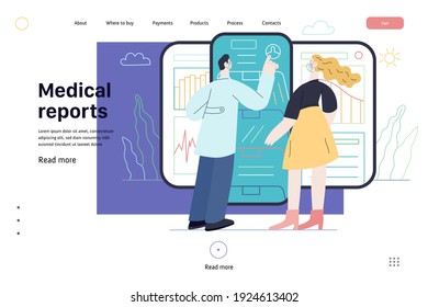 Medical report application -medical insurance web page template -modern flat vector concept digital illustration -patient and a doctor using medical application with reports and test results, metaphor