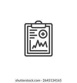 Ícone da linha do gráfico do relatório médico. Ícone vetorial de contorno mostrando a área de transferência com dados do paciente e frequência cardíaca. Ícone de símbolo para diagnóstico, manutenção de registros e monitoramento. Símbolo de vetor limpo.