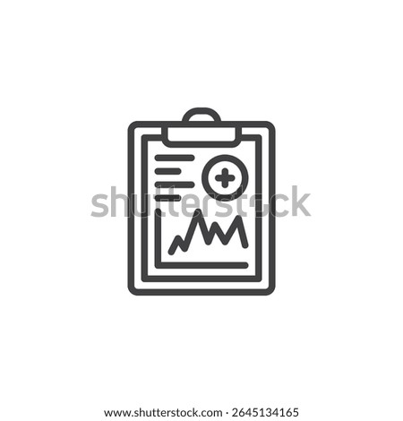 Medical report chart line icon. Outline vector icon showing clipboard with patient data and heart rate. Symbol icon for diagnosis, record-keeping, and monitoring. Clean vector symbol.