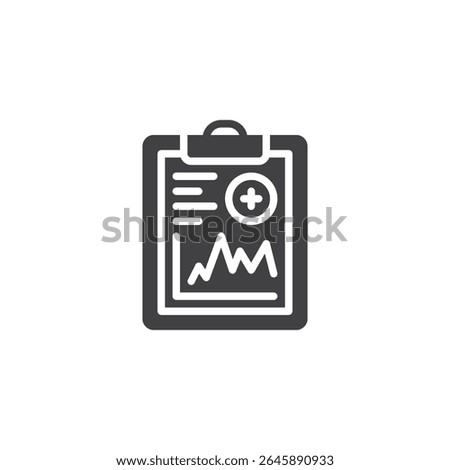 Medical report chart solid icon. A vector glyph icon of a clipboard with a pulse graph. Used as a medical icon symbol and sign for health monitoring and diagnostics.