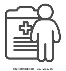 Medical report clipboard with human line icon, pharmacy concept. Vector graphics. Document with medical cross and man sign on white background, outline style icon for mobile or web design