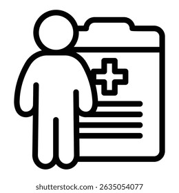Medical report clipboard with human line icon, pharmacy concept. Vector graphics. Document with medical cross and man sign on white background, style mobile or design