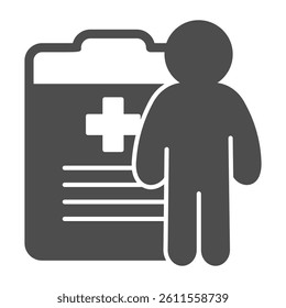 Medical report clipboard with human solid icon, pharmacy concept. Vector graphics. Document with medical cross and man sign on white background, glyph style icon for mobile or web design