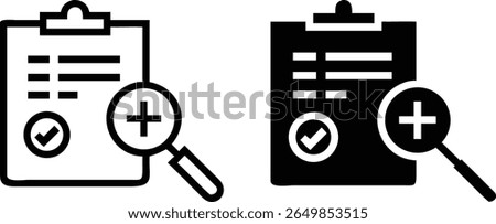 Medical Report Clipboard Search Icon with Plus and Checkmark Black and White Vector