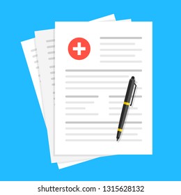 Medical report, medical document, health insurance concepts. Flat design. Vector illustration