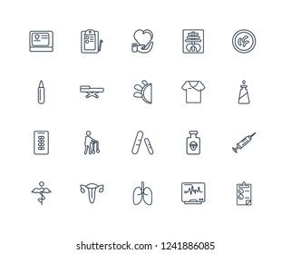 Medical Report, Electrocardiogram, Lung, Gynecology, medical Shield, Petri dish, Patient robe, Tablets, Strip, Stretcher, Caduceus outline vector icons from 20 set
