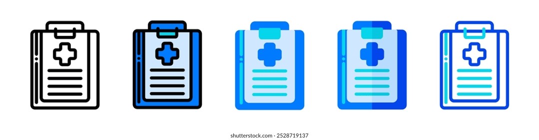 Medical report icon, clipboard illustration in line, flat and filled styles, suitable as a symbol of medical service, health checkup, life insurance, health care protection, and patient documents.