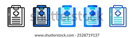 Medical report icon, clipboard illustration in line, flat and filled styles, suitable as a symbol of medical service, health checkup, life insurance, health care protection, and patient documents.