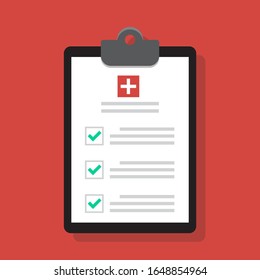 Medical report icon in flat style. Checklist, clipboard with plus sign. Clinical examination results, check-up symbols.