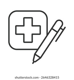 Relatório médico, ícone no design de linha. Relatório médico, relatório de saúde, relatórios de diagnóstico, arquivo do paciente, documento clínico, resultado do teste, registro de saúde no vetor de fundo branco. Relatórios médicos