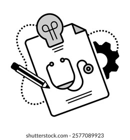 Medical Report Icon – Stethoscope with Document, Pencil, and Gear Representing Healthcare Analysis