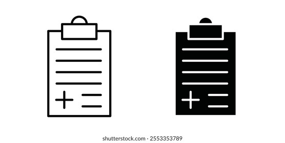 Medical report icons in black filled and outlined style