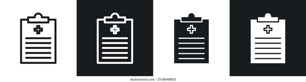 Medical report icons pack in black and white filled and outlined versions.