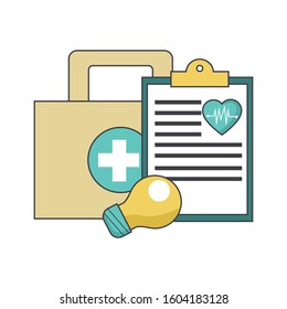 medical report, light bulb and first aid kit over white background, colorful design, vector illustration