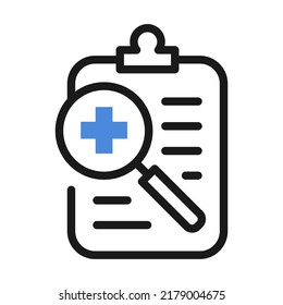 Medical report with magnifying glass. Search diagnosis, medical form with medications vector illustration