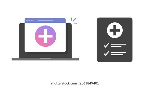 Medical report paper pictogram icon illustrated graphic design, simple online diagnosis check list on laptop computer pc, internet medicine prescription form results, electronic digital checklist set