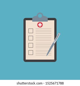 Medical report with pen symbol icon. Flat vector illustration