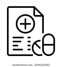 Medical report or prescription. The paper document contains a medical cross symbol. Alongside the document, there is a capsule or pill. Outline style. Isolated on white background.
