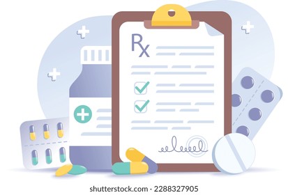 Medizinischer Bericht mit Rx Verschreibungsformular. Große Zwischenablage mit medizinischen Hilfsmitteln, Flaschen und Medikamententabletten. Vektorflache Illustration für Web. Banner des Pharmazie-Stores oder des Gesundheitskonzepts