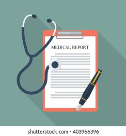 Medical report with stethoscope and pen. Flat style with long shadow