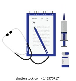 Medical report with stethoscope, syringe, injection and pen. Flat style illustration for website banners, presentation, medical, clinic promotional banners, patient treatment 