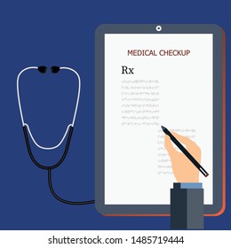 Medical report with stethoscope, syringe, injection and pen. Flat style illustration for website banners, presentation, medical, clinic promotional banners, patient treatment , social media banner, 