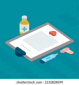medical report with thermometer and band aids