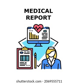 Medical Report Vector Icon Concept. Medical Report And Ill Story Of Patient Health Examination, Analysis And Treatment. Reporting Of Researchment And Statistic On Computer Screen Color Illustration